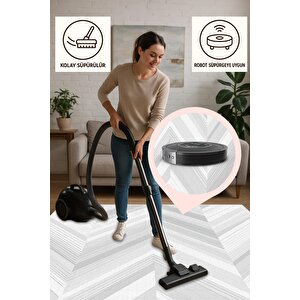 Modern Gri Zikzak Halı – Gri Ve Beyaz – Minimal Chevron Deseni, Pamuk Dokuma Taban, Makinede Yıkanabilir, Kolay Temizlenebilir, Toz Ve Tüy Tutmaz, Kaymaz, Evcil Hayvan Dostu
