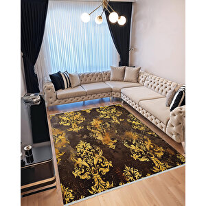 Barok Damask Desenli Halı – Kahverengi Ve Altın Sarısı – Gösterişli Eskitme Etki, Kolay Temizlik, Makinede Yıkanabilir, Kaymaz Ve İnce Tabanlı 180x270 cm