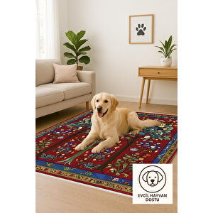 Kırmızı Zemin Üzerine Ağaç Ve Çiçek Motifli Halı – Geleneksel Ve Renkli Desenler – Makinede Yıkanabilir, Tüy Tutmaz, Pamuk Dokuma Tabanlı