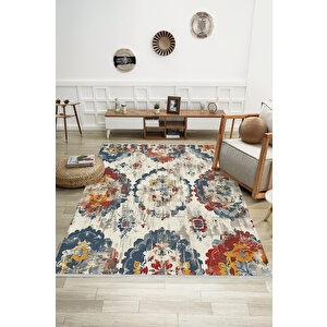 Patchwork Desenli Halı – Lacivert, Kırmızı, Sarı Ve Krem – Canlı Ve Zamansız Dekor Seçimi, Makinede Yıkanabilir, Kaymaz Taban, Pamuk Dokuma Taban