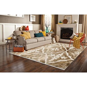 Fas Geçişli Halı – Bej Ve Krem – Eskitme Dokulu Doğu Motifleri, Makinede Yıkanabilir, Kaymaz Ve İnce Tabanlı