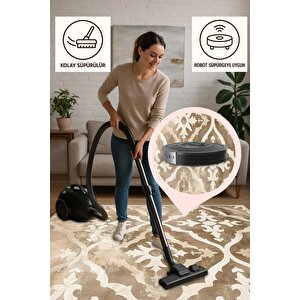 Fas Geçişli Halı – Bej Ve Krem – Eskitme Dokulu Doğu Motifleri, Makinede Yıkanabilir, Kaymaz Ve İnce Tabanlı