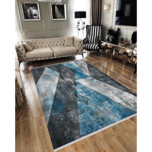 Halı – Mavi; Gri; Siyah – Geometrik Desen, Pamuk Dokuma Taban, Makinede Yıkanabilir, Kolay Temizlenebilir, Toz Ve Tüy Tutmaz, Kaymaz, Evcil Hayvan Dostu 200x220 cm