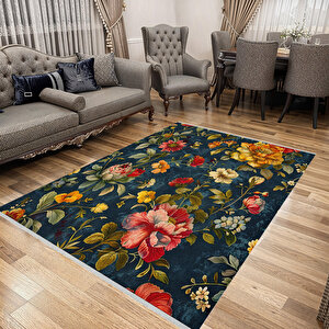 Klasik Çiçek Desenli Halı – Lacivert, Kırmızı Ve Sarı – Canlı Renklerde Vintage Çiçek Motifi, Makinede Yıkanabilir, Kaymaz Ve İnce Tabanlı 150x300 cm