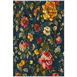 Klasik Çiçek Desenli Halı – Lacivert, Kırmızı Ve Sarı – Canlı Renklerde Vintage Çiçek Motifi, Makinede Yıkanabilir, Kaymaz Ve İnce Tabanlı 150x300 cm