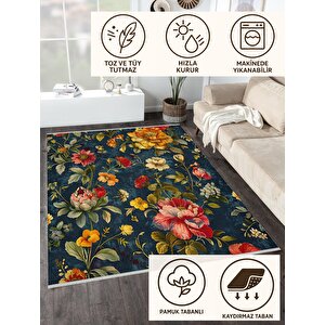 Klasik Çiçek Desenli Halı – Lacivert, Kırmızı Ve Sarı – Canlı Renklerde Vintage Çiçek Motifi, Makinede Yıkanabilir, Kaymaz Ve İnce Tabanlı
