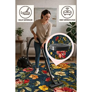 Klasik Çiçek Desenli Halı – Lacivert, Kırmızı Ve Sarı – Canlı Renklerde Vintage Çiçek Motifi, Makinede Yıkanabilir, Kaymaz Ve İnce Tabanlı