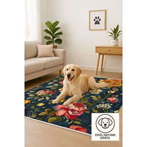 Klasik Çiçek Desenli Halı – Lacivert, Kırmızı Ve Sarı – Canlı Renklerde Vintage Çiçek Motifi, Makinede Yıkanabilir, Kaymaz Ve İnce Tabanlı