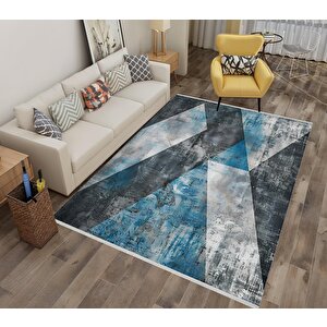 Halı – Mavi; Gri; Siyah – Geometrik Desen, Pamuk Dokuma Taban, Makinede Yıkanabilir, Kolay Temizlenebilir, Toz Ve Tüy Tutmaz, Kaymaz, Evcil Hayvan Dostu 160x350 cm