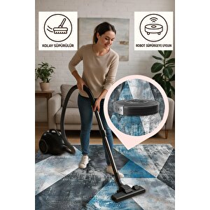 Halı – Mavi; Gri; Siyah – Geometrik Desen, Pamuk Dokuma Taban, Makinede Yıkanabilir, Kolay Temizlenebilir, Toz Ve Tüy Tutmaz, Kaymaz, Evcil Hayvan Dostu