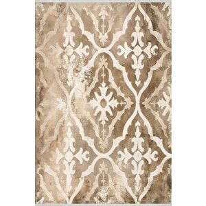 Fas Geçişli Halı – Bej Ve Krem – Eskitme Dokulu Doğu Motifleri, Makinede Yıkanabilir, Kaymaz Ve İnce Tabanlı 100x100 cm