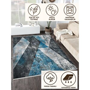 Halı – Mavi; Gri; Siyah – Geometrik Desen, Pamuk Dokuma Taban, Makinede Yıkanabilir, Kolay Temizlenebilir, Toz Ve Tüy Tutmaz, Kaymaz, Evcil Hayvan Dostu
