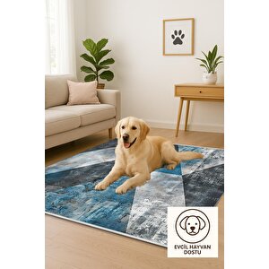 Halı – Mavi; Gri; Siyah – Geometrik Desen, Pamuk Dokuma Taban, Makinede Yıkanabilir, Kolay Temizlenebilir, Toz Ve Tüy Tutmaz, Kaymaz, Evcil Hayvan Dostu