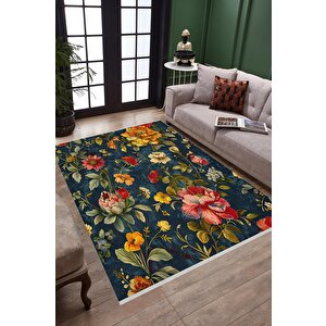 Klasik Çiçek Desenli Halı – Lacivert, Kırmızı Ve Sarı – Canlı Renklerde Vintage Çiçek Motifi, Makinede Yıkanabilir, Kaymaz Ve İnce Tabanlı