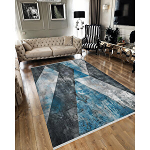 Halı – Mavi; Gri; Siyah – Geometrik Desen, Pamuk Dokuma Taban, Makinede Yıkanabilir, Kolay Temizlenebilir, Toz Ve Tüy Tutmaz, Kaymaz, Evcil Hayvan Dostu 120x180 cm