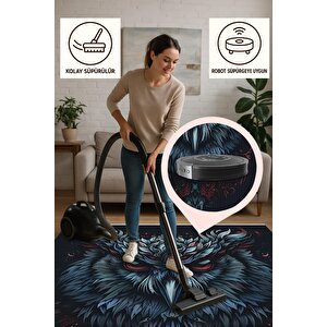 Halı – Siyah; Mavi; Kırmızı – Baykuş Tasarım, Pamuk Dokuma Taban, Makinede Yıkanabilir, Kolay Temizlenebilir, Toz Ve Tüy Tutmaz, Kaymaz, Evcil Hayvan Dostu