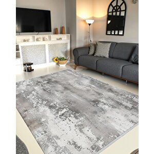 Soyut Desenli Modern Halı – Gri, Beyaz Ve Antrasit – Beton Görünümlü Minimal Tasarım, Makinede Yıkanabilir, Pamuk Taban, Toz Ve Tüy Tutmaz, Robot Süpürge Uyumlu