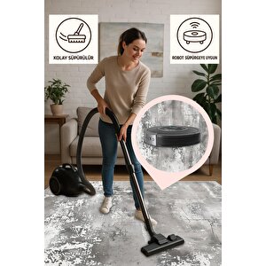 Soyut Desenli Modern Halı – Gri, Beyaz Ve Antrasit – Beton Görünümlü Minimal Tasarım, Makinede Yıkanabilir, Pamuk Taban, Toz Ve Tüy Tutmaz, Robot Süpürge Uyumlu