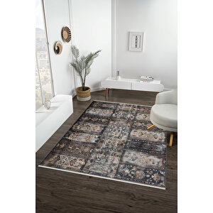 Siyah Ve Kahverengi Renkli Halı, Patchwork Desenli, Yıkanabilir Ve Evcil Hayvan Dostu