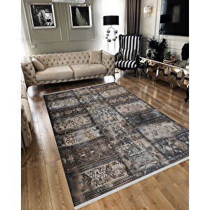 Siyah Ve Kahverengi Renkli Halı, Patchwork Desenli, Yıkanabilir Ve Evcil Hayvan Dostu