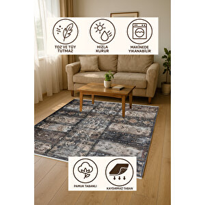 Siyah Ve Kahverengi Renkli Halı, Patchwork Desenli, Yıkanabilir Ve Evcil Hayvan Dostu