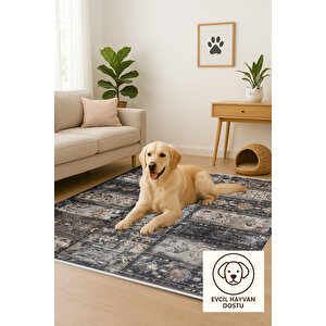 Siyah Ve Kahverengi Renkli Halı, Patchwork Desenli, Yıkanabilir Ve Evcil Hayvan Dostu