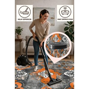 Modern Çiçek Desenli Halı – Turuncu, Gri Ve Krem Tonlar – Makinede Yıkanabilir, Kaymaz Taban, Toz Tutmaz, Evcil Hayvan Dostu