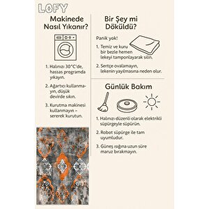 Modern Çiçek Desenli Halı – Turuncu, Gri Ve Krem Tonlar – Makinede Yıkanabilir, Kaymaz Taban, Toz Tutmaz, Evcil Hayvan Dostu