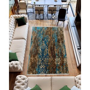 Rustic Barok Halı – Mavi, Kahverengi Ve Bej – Eskitme Barok Desenli Klasik Dokunuş