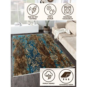 Rustic Barok Halı – Mavi, Kahverengi Ve Bej – Eskitme Barok Desenli Klasik Dokunuş