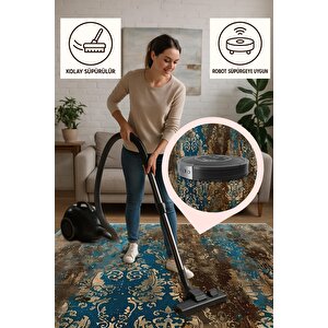 Rustic Barok Halı – Mavi, Kahverengi Ve Bej – Eskitme Barok Desenli Klasik Dokunuş