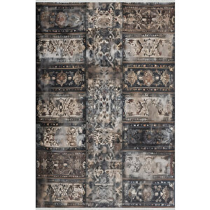 Siyah Ve Kahverengi Renkli Halı, Patchwork Desenli, Yıkanabilir Ve Evcil Hayvan Dostu 160x350 cm