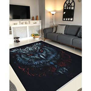 Halı – Siyah; Mavi; Kırmızı – Baykuş Tasarım, Pamuk Dokuma Taban, Makinede Yıkanabilir, Kolay Temizlenebilir, Toz Ve Tüy Tutmaz, Kaymaz, Evcil Hayvan Dostu 80x80 cm