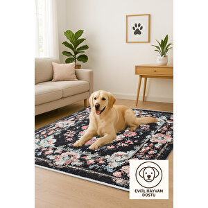 Siyah Zeminli Çiçekli Halı – Toz Tutmaz, Yıkanabilir, Pamuk Dokuma, Evcil Hayvan Dostu