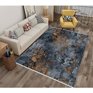 Soyut Desenli Halı – Lacivert, Turuncu Ve Gri – Modern Görünümle, Makinede Yıkanabilir, Kolay Temizlenebilir, Pamuk Dokuma Taban 200x350 cm