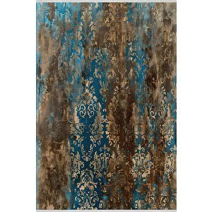 Rustic Barok Halı – Mavi, Kahverengi Ve Bej – Eskitme Barok Desenli Klasik Dokunuş 160x350 cm