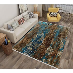 Rustic Barok Halı – Mavi, Kahverengi Ve Bej – Eskitme Barok Desenli Klasik Dokunuş 160x350 cm