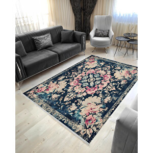 Lacivert Üzerine Pudra Çiçekli Klasik Halı – Makinede Yıkanabilir, Pamuk Tabanlı, Toz Tutmaz, Evcil Hayvan Dostu 120x270 cm