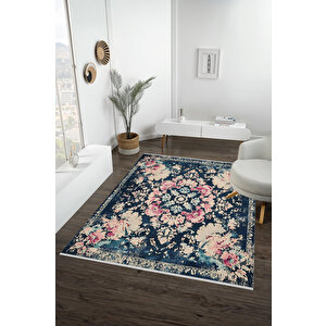 Lacivert Üzerine Pudra Çiçekli Klasik Halı – Makinede Yıkanabilir, Pamuk Tabanlı, Toz Tutmaz, Evcil Hayvan Dostu 120x270 cm