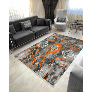 Modern Çiçek Desenli Halı – Turuncu, Gri Ve Krem Tonlar – Makinede Yıkanabilir, Kaymaz Taban, Toz Tutmaz, Evcil Hayvan Dostu 200x270 cm