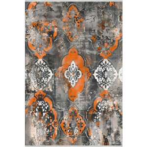 Modern Çiçek Desenli Halı – Turuncu, Gri Ve Krem Tonlar – Makinede Yıkanabilir, Kaymaz Taban, Toz Tutmaz, Evcil Hayvan Dostu 200x270 cm