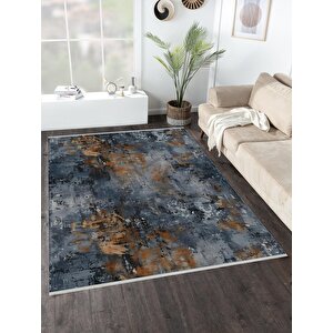 Soyut Desenli Halı – Lacivert, Turuncu Ve Gri – Modern Görünümle, Makinede Yıkanabilir, Kolay Temizlenebilir, Pamuk Dokuma Taban 100x180 cm