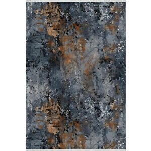 Soyut Desenli Halı – Lacivert, Turuncu Ve Gri – Modern Görünümle, Makinede Yıkanabilir, Kolay Temizlenebilir, Pamuk Dokuma Taban 100x180 cm