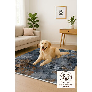 Soyut Desenli Halı – Lacivert, Turuncu Ve Gri – Modern Görünümle, Makinede Yıkanabilir, Kolay Temizlenebilir, Pamuk Dokuma Taban