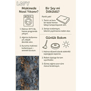 Soyut Desenli Halı – Lacivert, Turuncu Ve Gri – Modern Görünümle, Makinede Yıkanabilir, Kolay Temizlenebilir, Pamuk Dokuma Taban