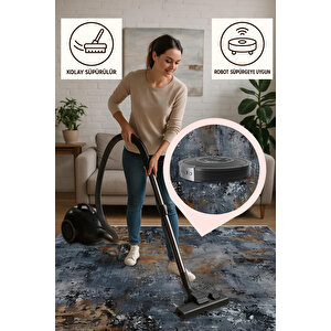 Soyut Desenli Halı – Lacivert, Turuncu Ve Gri – Modern Görünümle, Makinede Yıkanabilir, Kolay Temizlenebilir, Pamuk Dokuma Taban