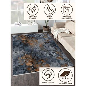 Soyut Desenli Halı – Lacivert, Turuncu Ve Gri – Modern Görünümle, Makinede Yıkanabilir, Kolay Temizlenebilir, Pamuk Dokuma Taban