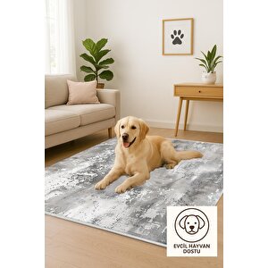 Soyut Desenli Modern Halı – Gri, Beyaz Ve Antrasit – Beton Görünümlü Minimal Tasarım, Makinede Yıkanabilir, Pamuk Taban, Toz Ve Tüy Tutmaz, Robot Süpürge Uyumlu