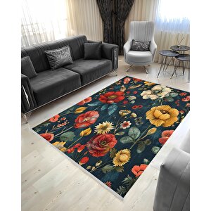 Halı – Kırmızı; Sarı; Yeşil; Lacivert – Çiçekli Desen, Pamuk Dokuma Taban, Makinede Yıkanabilir, Kolay Temizlenebilir, Toz Ve Tüy Tutmaz, Kaymaz, Evcil Hayvan Dostu 100x100 cm