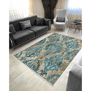 Vintage Barok Halı – Mavi Ve Bej – Eskitme Damask Desenli Şık Tasarım 160x180 cm